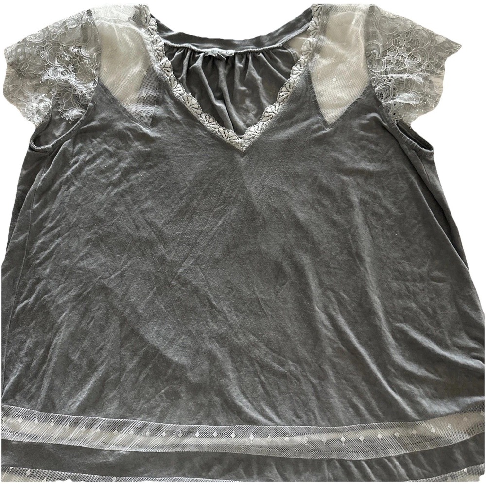 Fairygoth Y2K POL Lace Eyelet Hem M Grey Top 90s V Neck Burnout Whimsical Boho